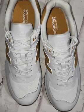 New Balance Men's White and Tan 574 Athletic Sneakers